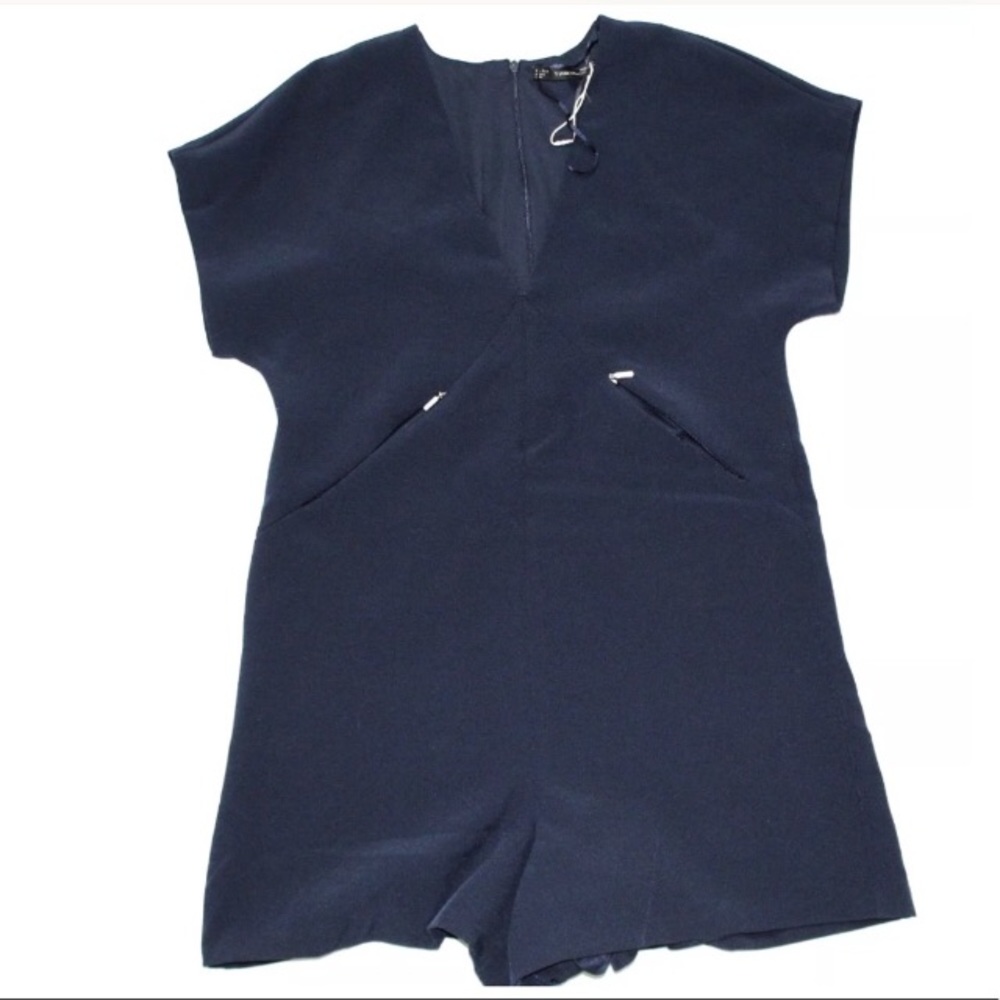 NWOT ZARA Blue V Neck Romper Size Small